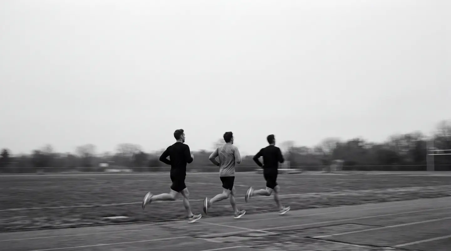Three runners side by side on an empty track at dawn